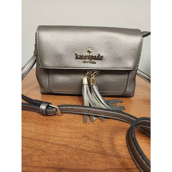 Kate Spade New York Satchel Zipper Fringe Shoulder Crossbody Silver/Grey Purse L - Picture 4 of 11